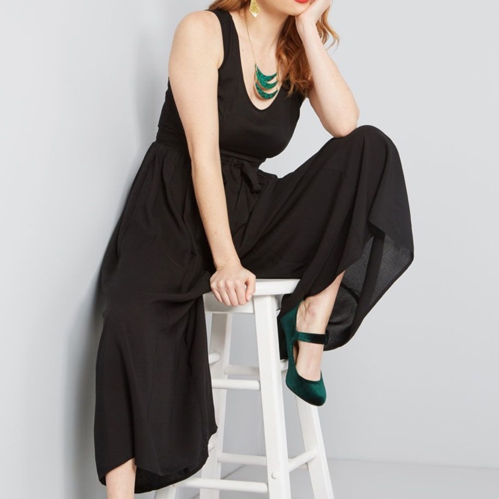 ModCloth Unbridled Enthusiasm black jumpsuit.